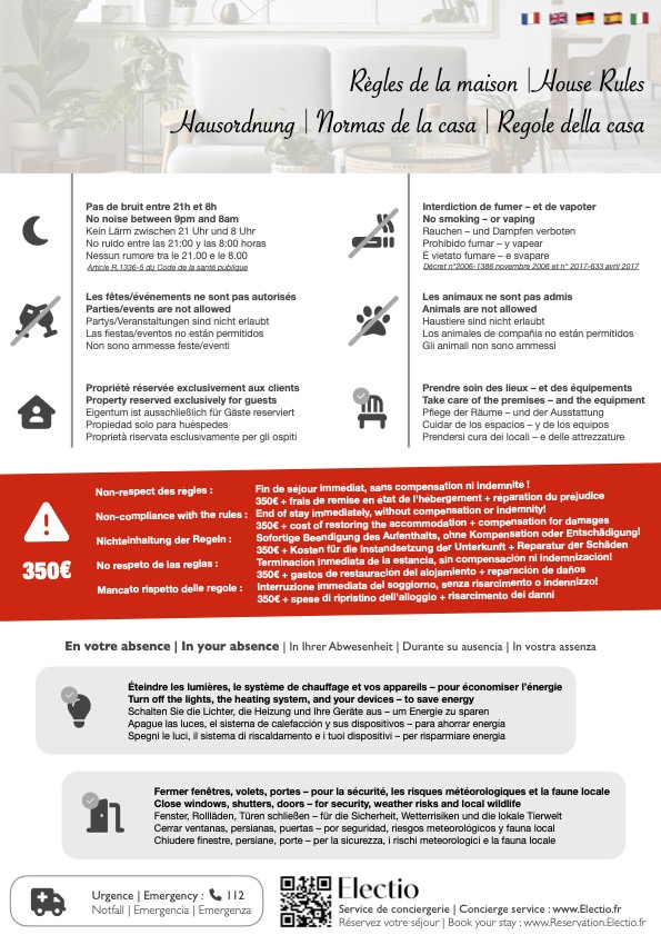 Règlement intérieur Airbnb multilingue avec règles de vie, sécurité et respect du logement