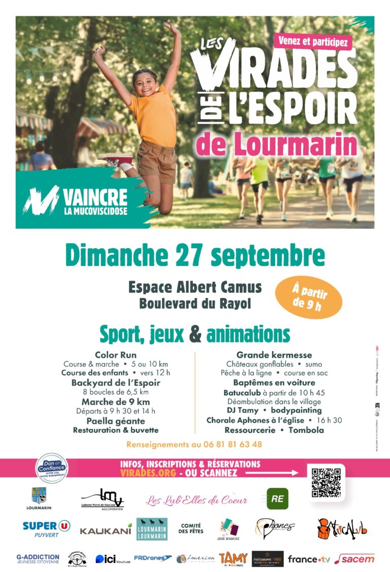 Affiche des Virades de l’Espoir à Lourmarin, dimanche 27 septembre 2026 dès 9 h, à l’espace Albert Camus.
